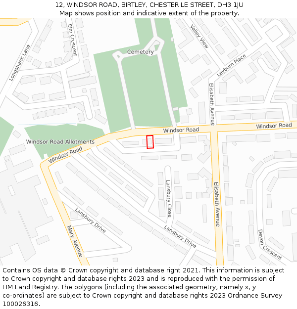 12, WINDSOR ROAD, BIRTLEY, CHESTER LE STREET, DH3 1JU: Location map and indicative extent of plot