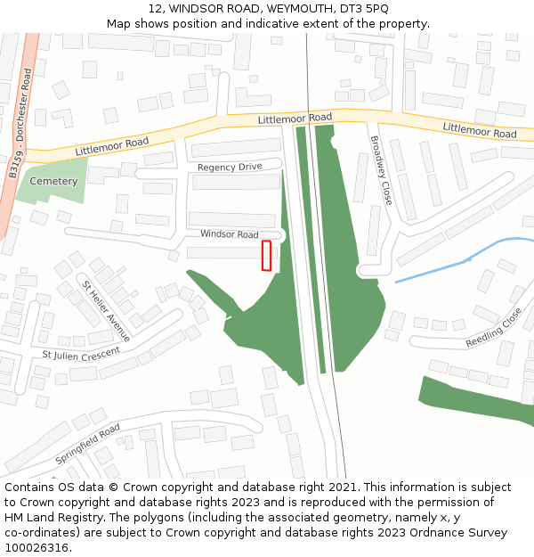 12, WINDSOR ROAD, WEYMOUTH, DT3 5PQ: Location map and indicative extent of plot