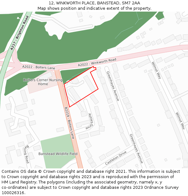 12, WINKWORTH PLACE, BANSTEAD, SM7 2AA: Location map and indicative extent of plot