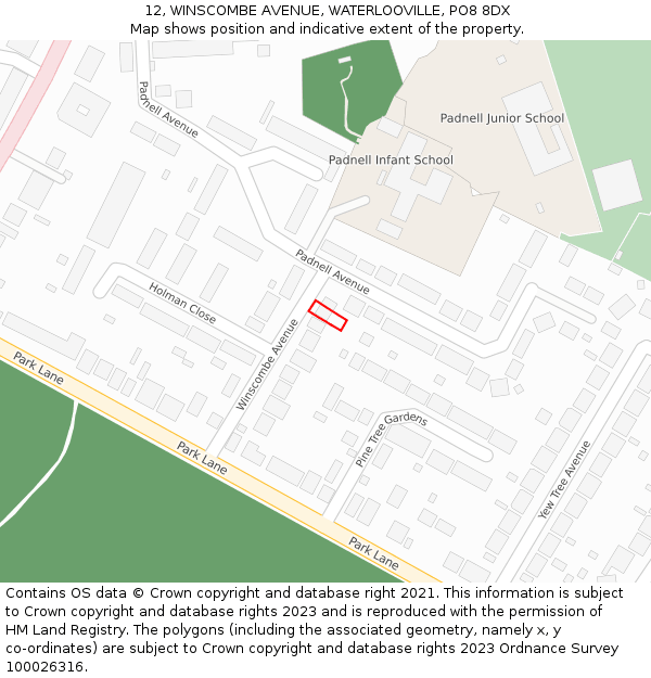 12, WINSCOMBE AVENUE, WATERLOOVILLE, PO8 8DX: Location map and indicative extent of plot