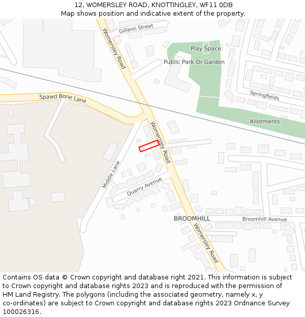 12, WOMERSLEY ROAD, KNOTTINGLEY, WF11 0DB: Location map and indicative extent of plot