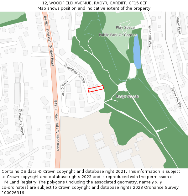 12, WOODFIELD AVENUE, RADYR, CARDIFF, CF15 8EF: Location map and indicative extent of plot