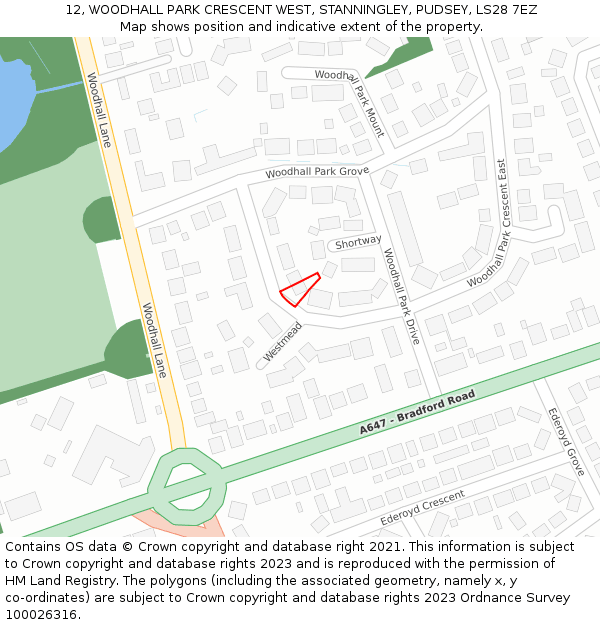 12, WOODHALL PARK CRESCENT WEST, STANNINGLEY, PUDSEY, LS28 7EZ: Location map and indicative extent of plot