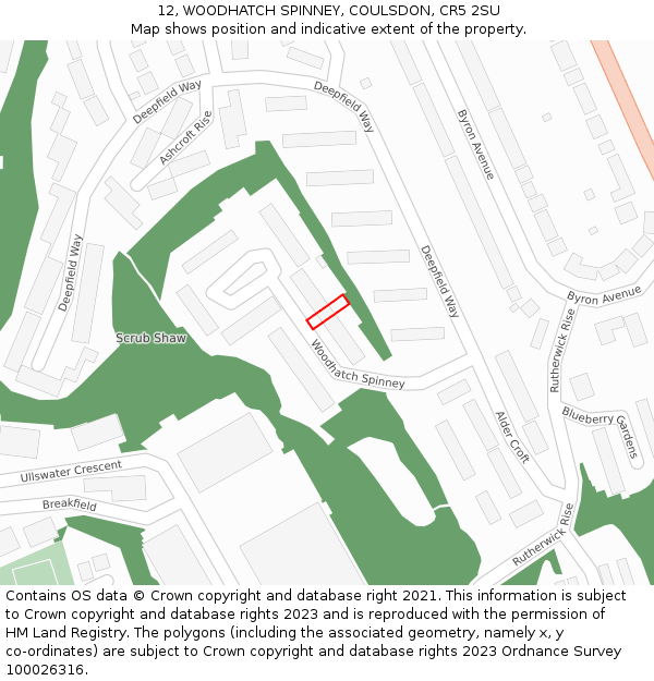 12, WOODHATCH SPINNEY, COULSDON, CR5 2SU: Location map and indicative extent of plot