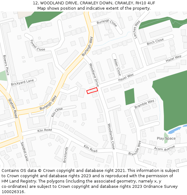 12, WOODLAND DRIVE, CRAWLEY DOWN, CRAWLEY, RH10 4UF: Location map and indicative extent of plot