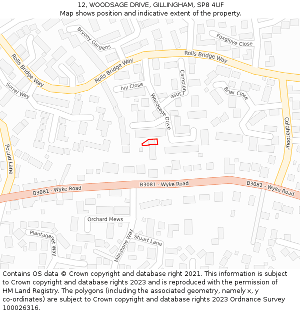 12, WOODSAGE DRIVE, GILLINGHAM, SP8 4UF: Location map and indicative extent of plot