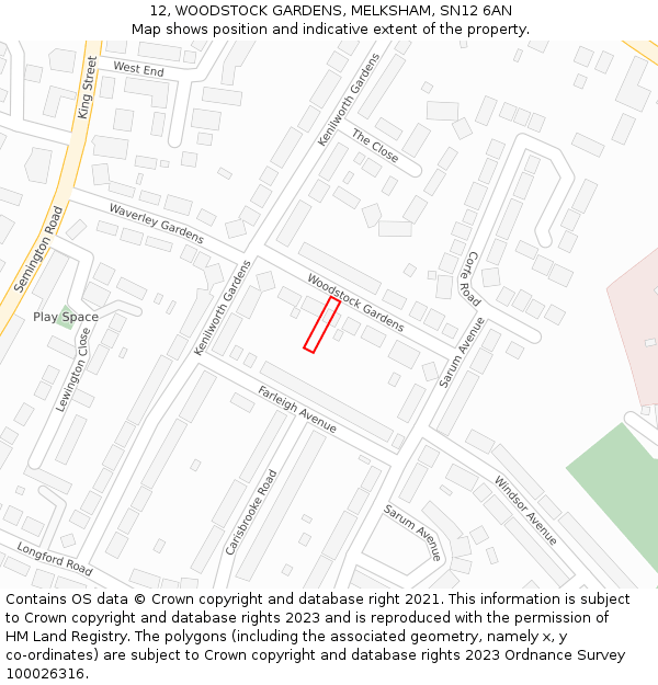 12, WOODSTOCK GARDENS, MELKSHAM, SN12 6AN: Location map and indicative extent of plot