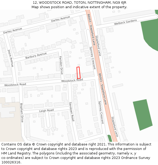 12, WOODSTOCK ROAD, TOTON, NOTTINGHAM, NG9 6JR: Location map and indicative extent of plot