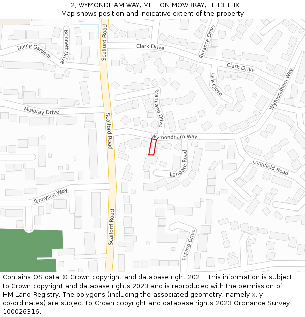 12, WYMONDHAM WAY, MELTON MOWBRAY, LE13 1HX: Location map and indicative extent of plot