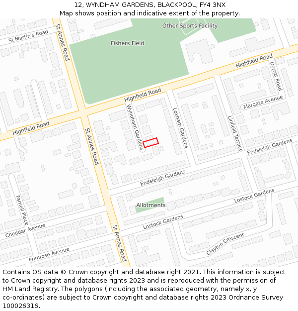 12, WYNDHAM GARDENS, BLACKPOOL, FY4 3NX: Location map and indicative extent of plot