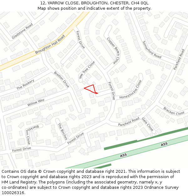 12, YARROW CLOSE, BROUGHTON, CHESTER, CH4 0QL: Location map and indicative extent of plot