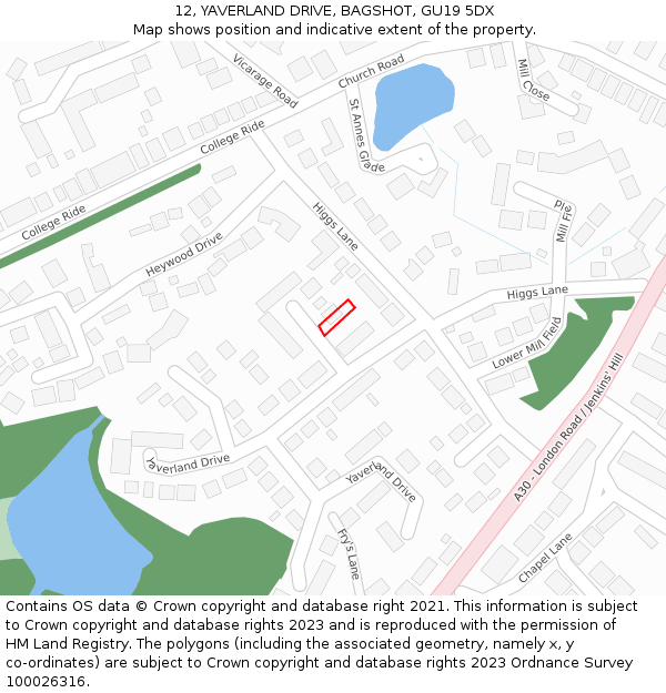 12, YAVERLAND DRIVE, BAGSHOT, GU19 5DX: Location map and indicative extent of plot