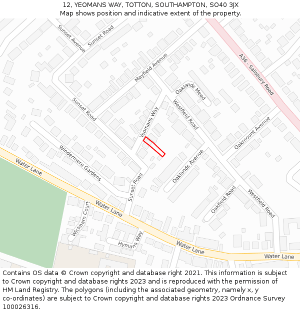 12, YEOMANS WAY, TOTTON, SOUTHAMPTON, SO40 3JX: Location map and indicative extent of plot