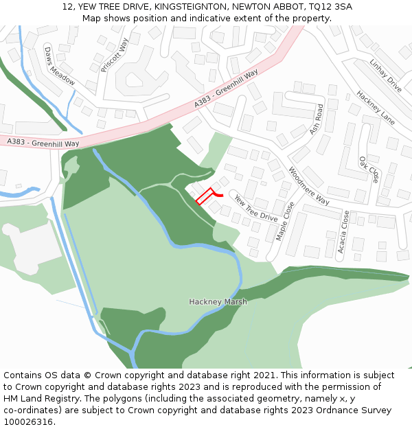 12, YEW TREE DRIVE, KINGSTEIGNTON, NEWTON ABBOT, TQ12 3SA: Location map and indicative extent of plot
