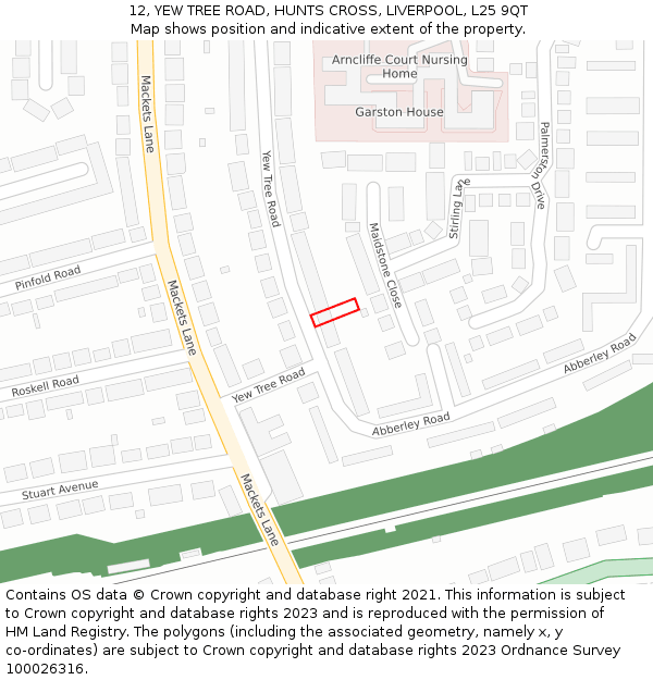12, YEW TREE ROAD, HUNTS CROSS, LIVERPOOL, L25 9QT: Location map and indicative extent of plot