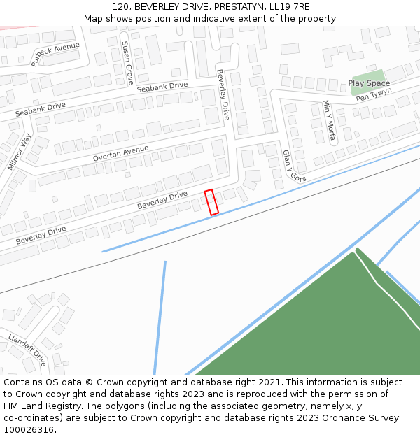 120, BEVERLEY DRIVE, PRESTATYN, LL19 7RE: Location map and indicative extent of plot