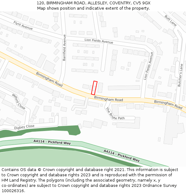 120, BIRMINGHAM ROAD, ALLESLEY, COVENTRY, CV5 9GX: Location map and indicative extent of plot