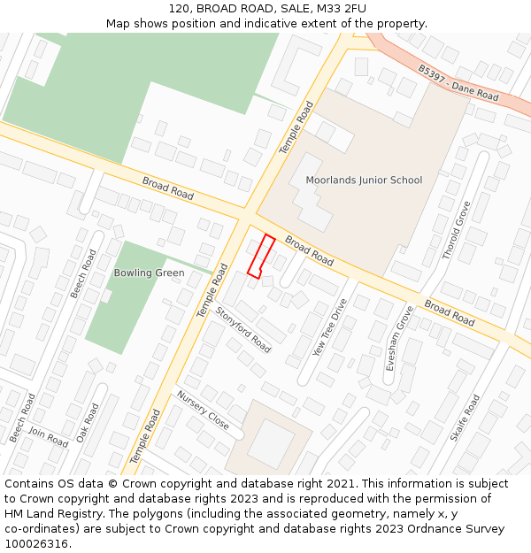 120, BROAD ROAD, SALE, M33 2FU: Location map and indicative extent of plot