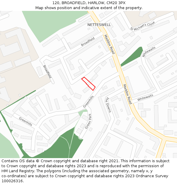 120, BROADFIELD, HARLOW, CM20 3PX: Location map and indicative extent of plot