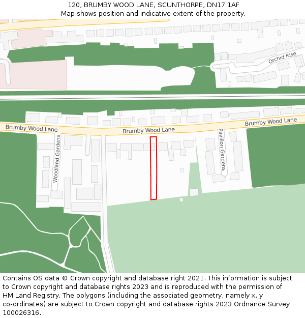 120, BRUMBY WOOD LANE, SCUNTHORPE, DN17 1AF: Location map and indicative extent of plot