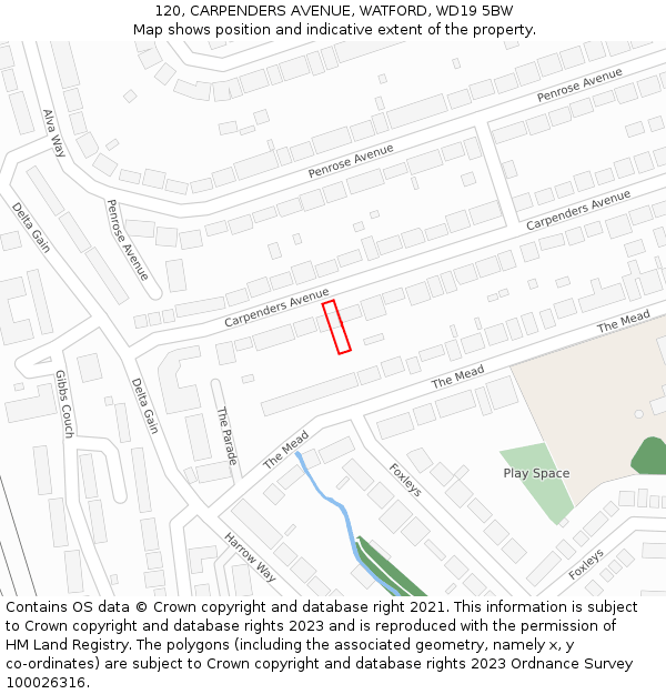 120, CARPENDERS AVENUE, WATFORD, WD19 5BW: Location map and indicative extent of plot