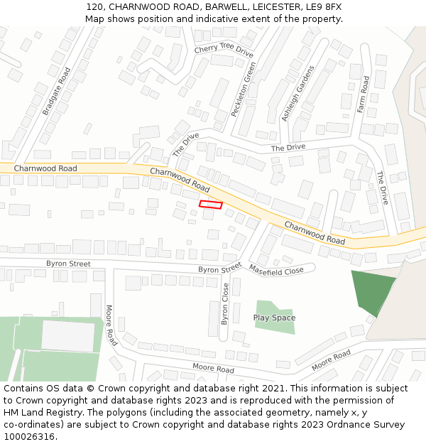 120, CHARNWOOD ROAD, BARWELL, LEICESTER, LE9 8FX: Location map and indicative extent of plot