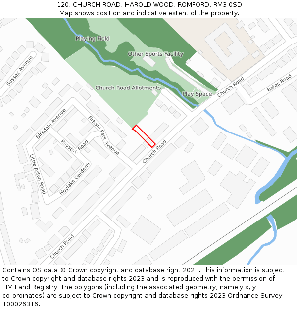 120, CHURCH ROAD, HAROLD WOOD, ROMFORD, RM3 0SD: Location map and indicative extent of plot