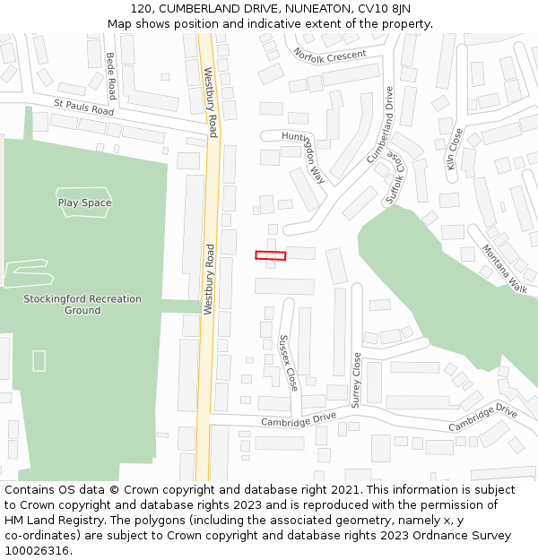 120, CUMBERLAND DRIVE, NUNEATON, CV10 8JN: Location map and indicative extent of plot