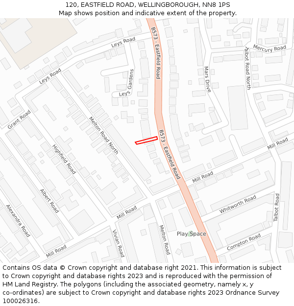 120, EASTFIELD ROAD, WELLINGBOROUGH, NN8 1PS: Location map and indicative extent of plot