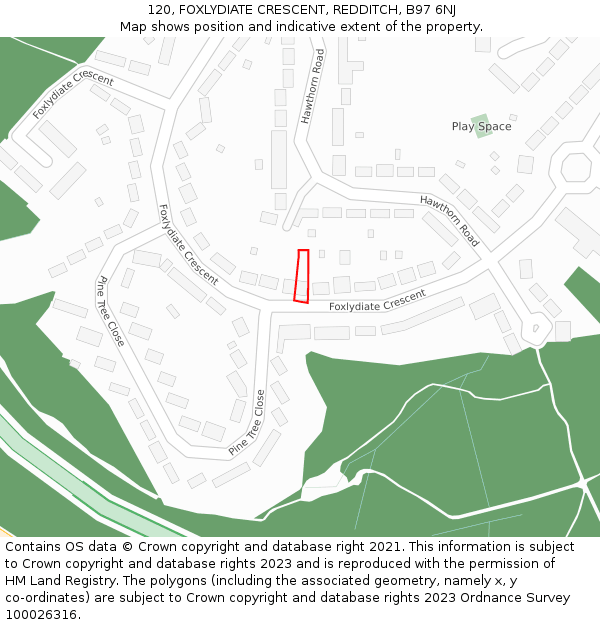 120, FOXLYDIATE CRESCENT, REDDITCH, B97 6NJ: Location map and indicative extent of plot
