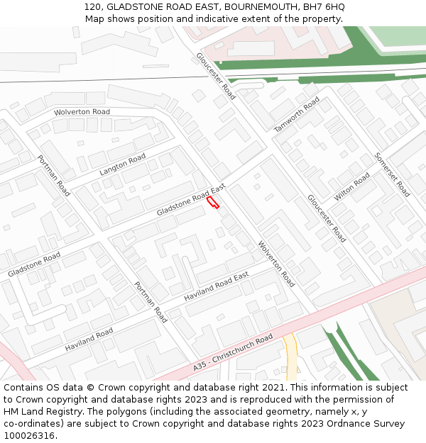 120, GLADSTONE ROAD EAST, BOURNEMOUTH, BH7 6HQ: Location map and indicative extent of plot