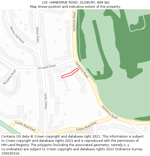 120, HARBORNE ROAD, OLDBURY, B68 9JG: Location map and indicative extent of plot