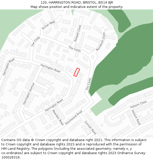 120, HARRINGTON ROAD, BRISTOL, BS14 8JR: Location map and indicative extent of plot