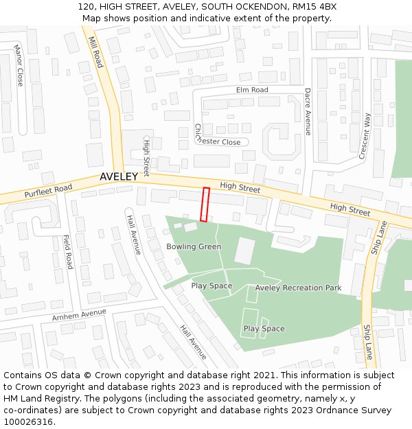 120, HIGH STREET, AVELEY, SOUTH OCKENDON, RM15 4BX: Location map and indicative extent of plot