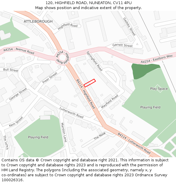 120, HIGHFIELD ROAD, NUNEATON, CV11 4PU: Location map and indicative extent of plot