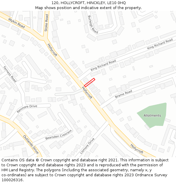 120, HOLLYCROFT, HINCKLEY, LE10 0HQ: Location map and indicative extent of plot