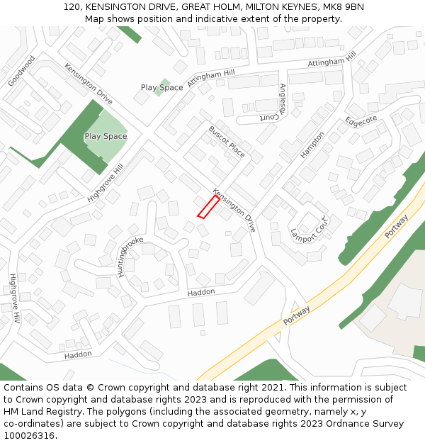 120, KENSINGTON DRIVE, GREAT HOLM, MILTON KEYNES, MK8 9BN: Location map and indicative extent of plot