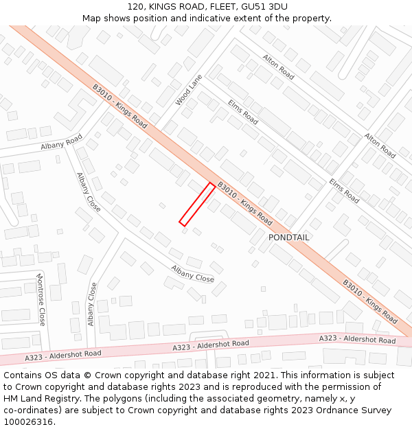 120, KINGS ROAD, FLEET, GU51 3DU: Location map and indicative extent of plot