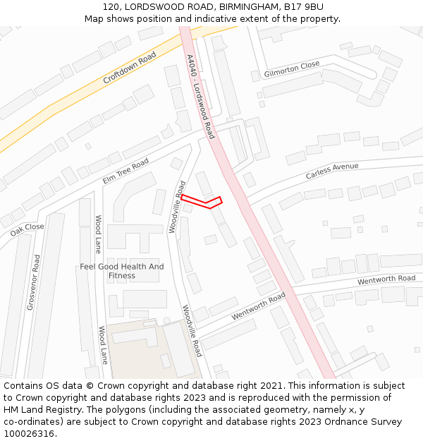 120, LORDSWOOD ROAD, BIRMINGHAM, B17 9BU: Location map and indicative extent of plot