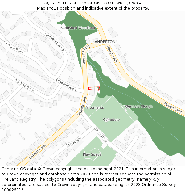 120, LYDYETT LANE, BARNTON, NORTHWICH, CW8 4JU: Location map and indicative extent of plot