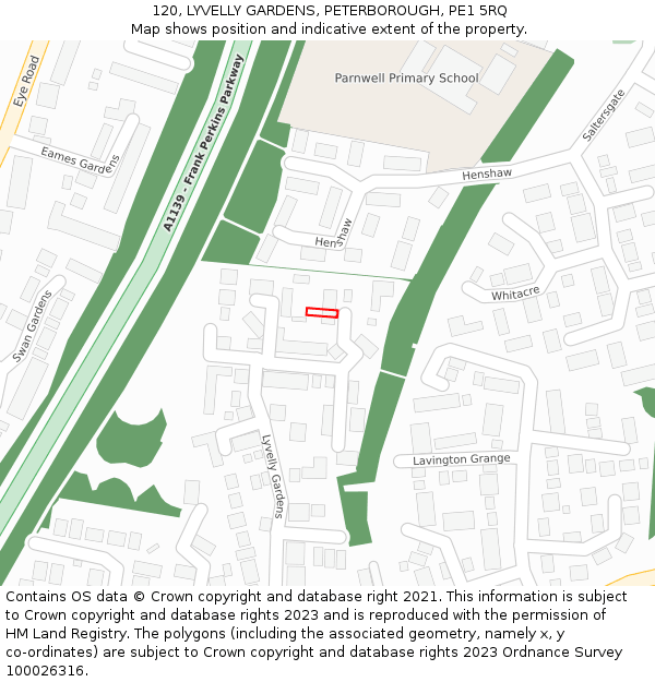 120, LYVELLY GARDENS, PETERBOROUGH, PE1 5RQ: Location map and indicative extent of plot