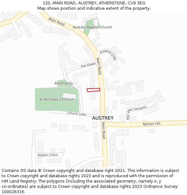 120, MAIN ROAD, AUSTREY, ATHERSTONE, CV9 3EG: Location map and indicative extent of plot