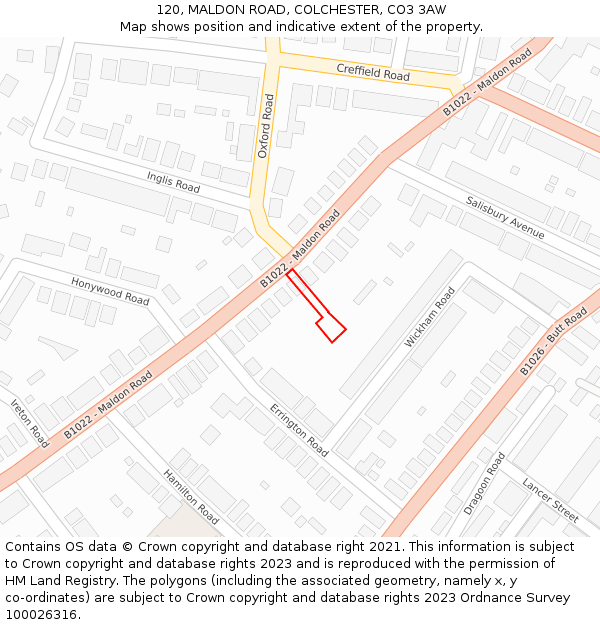 120, MALDON ROAD, COLCHESTER, CO3 3AW: Location map and indicative extent of plot