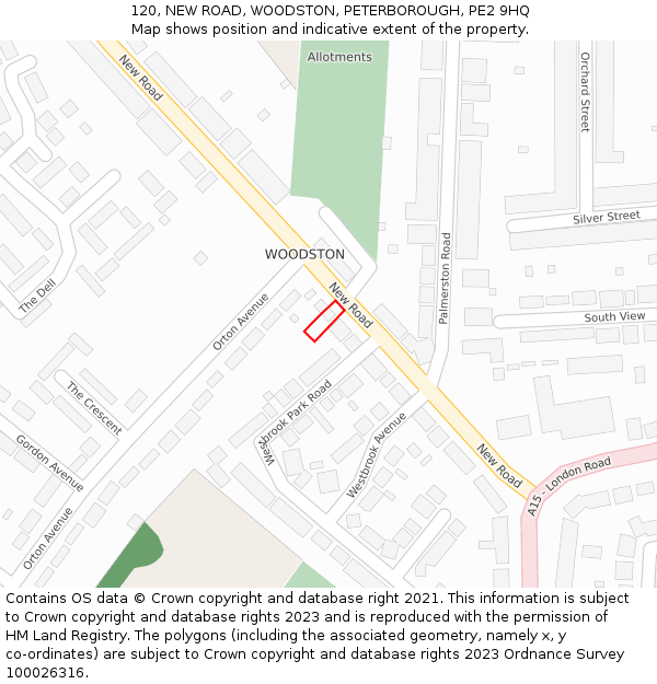 120, NEW ROAD, WOODSTON, PETERBOROUGH, PE2 9HQ: Location map and indicative extent of plot