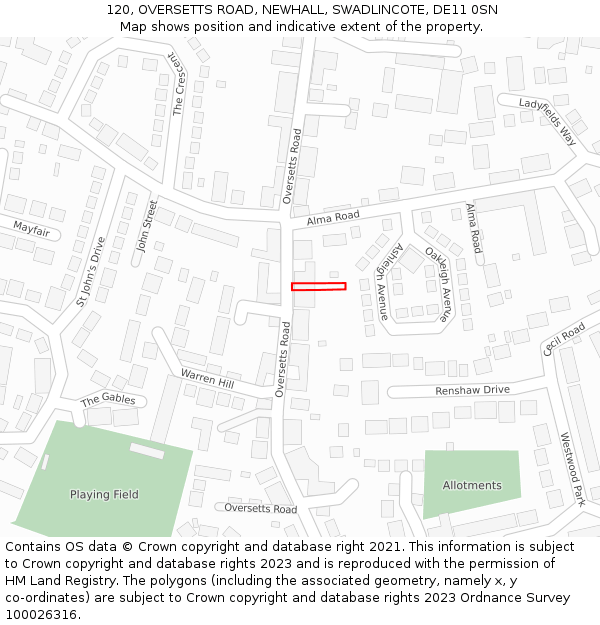 120, OVERSETTS ROAD, NEWHALL, SWADLINCOTE, DE11 0SN: Location map and indicative extent of plot