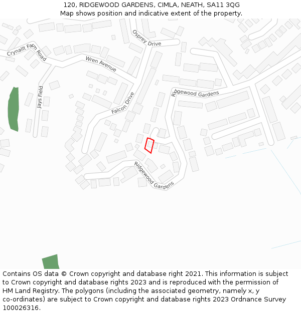 120, RIDGEWOOD GARDENS, CIMLA, NEATH, SA11 3QG: Location map and indicative extent of plot