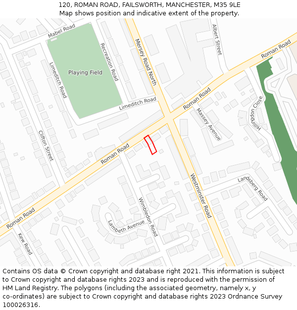 120, ROMAN ROAD, FAILSWORTH, MANCHESTER, M35 9LE: Location map and indicative extent of plot