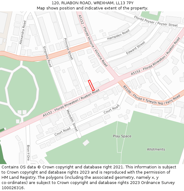 120, RUABON ROAD, WREXHAM, LL13 7PY: Location map and indicative extent of plot