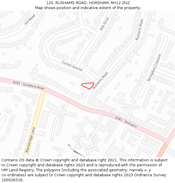 120, RUSHAMS ROAD, HORSHAM, RH12 2NZ: Location map and indicative extent of plot