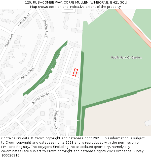 120, RUSHCOMBE WAY, CORFE MULLEN, WIMBORNE, BH21 3QU: Location map and indicative extent of plot